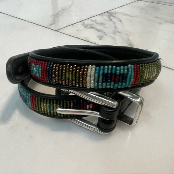 Brighton designer black leather multicolor beaded women’s size Medium 30” belt - Picture 1 of 6